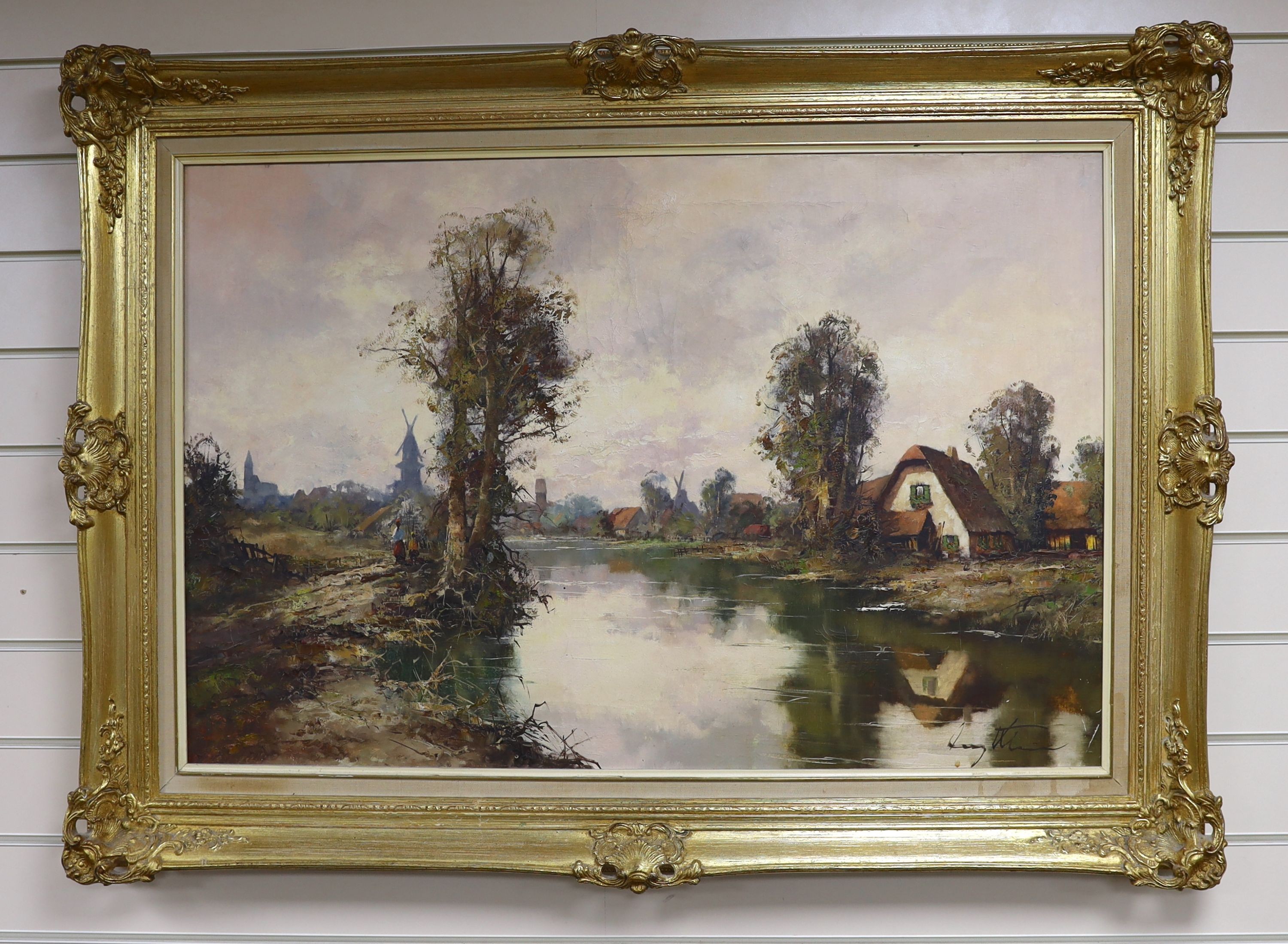 Continental School, oil on canvas, River landscape, indistinctly signed, 60 x 91cm